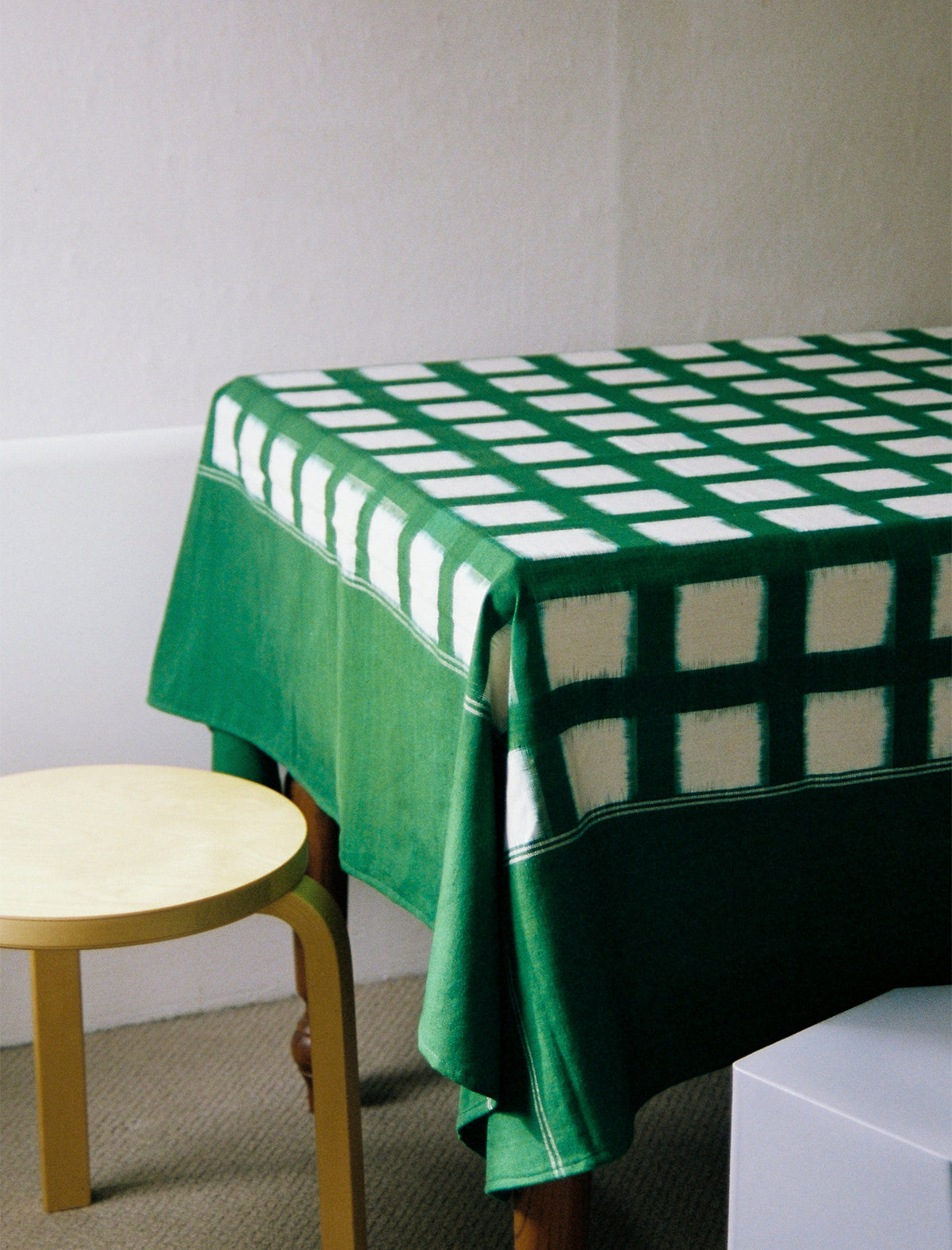 Handwoven Ikat Tablecloth // Green Grid