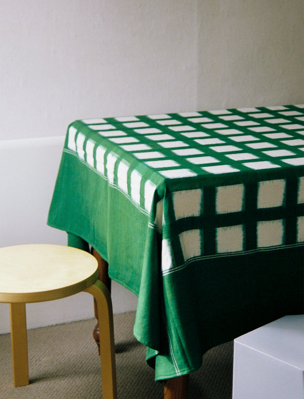 Handwoven Ikat Tablecloth // Green Grid